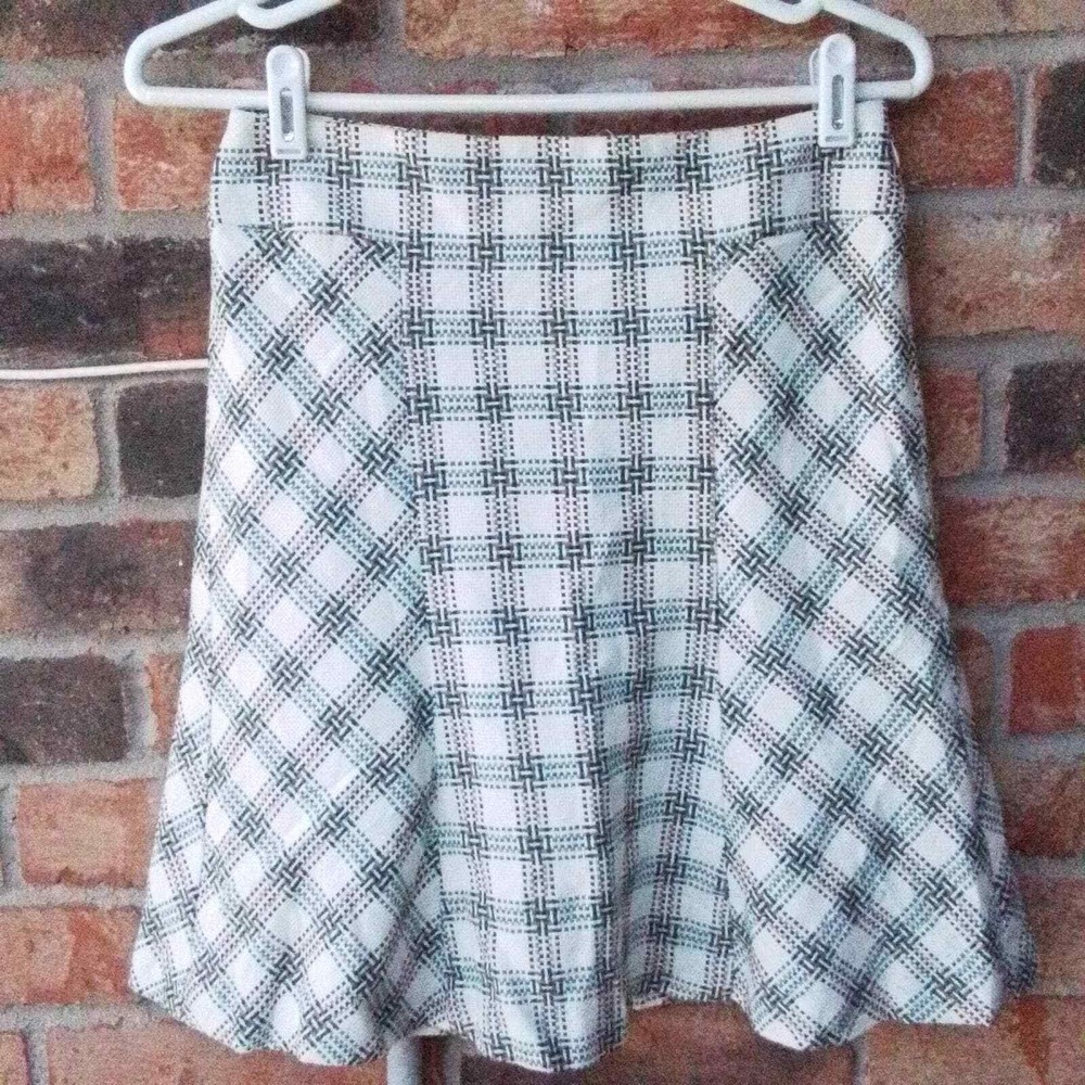Loft Cotton Blend Fit and Flare Skirt Size‎ 0 in Cream w/ Green Brown Plaid